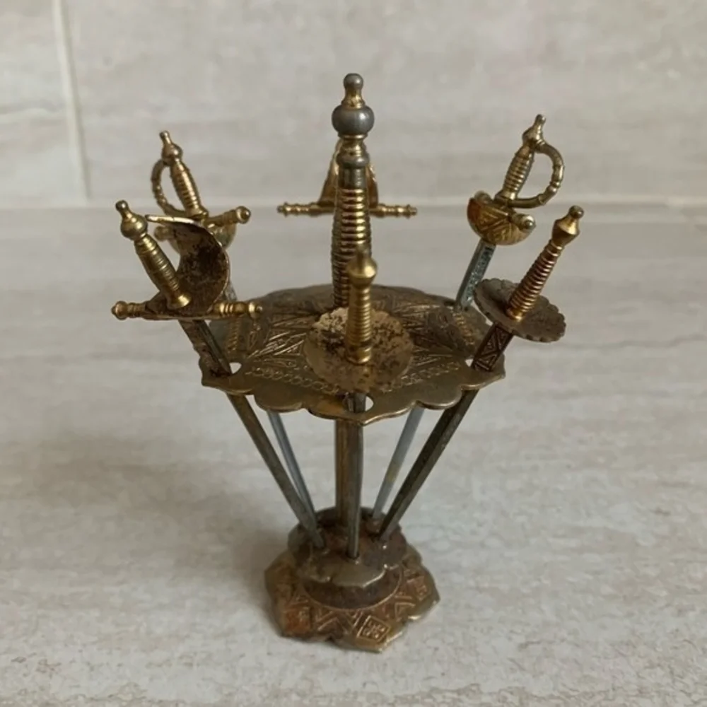 Vintage Spanish Toledo Cocktail Swords Picks Set 6 Gold Silver Metal Stand 4